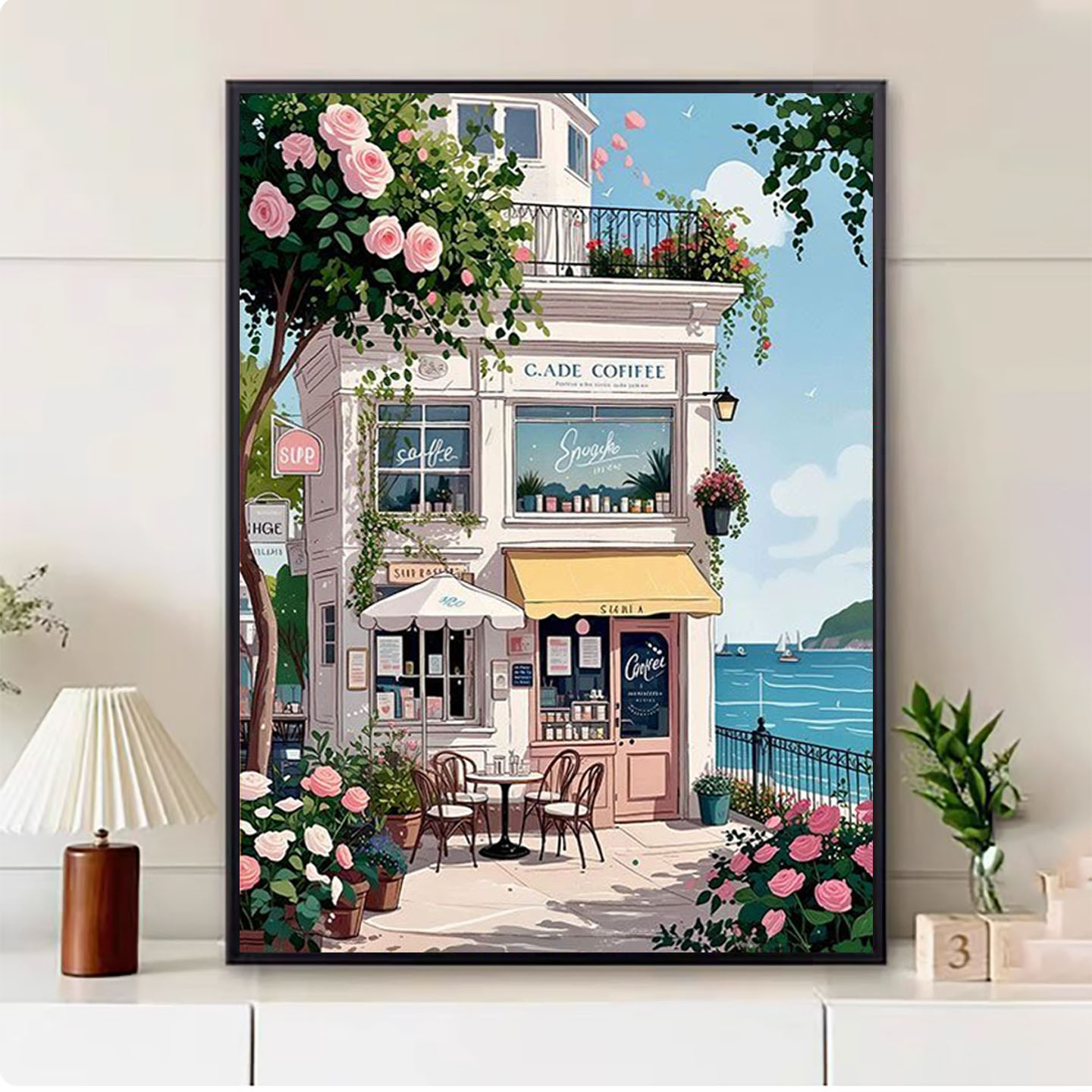 满钻海边书店咖啡店5d钻石画手工diy贴钻绣解压点砖背景客厅装饰