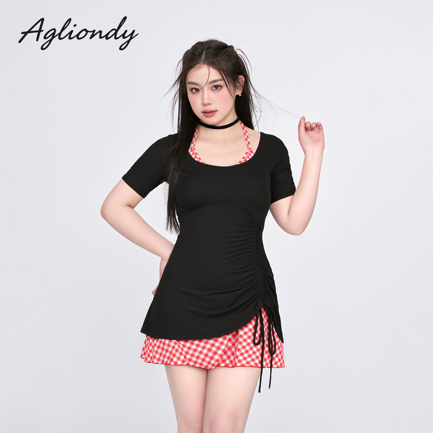 Agliondy【甜酷格踪】少女保守短袖可爱日系高级感女士游泳衣