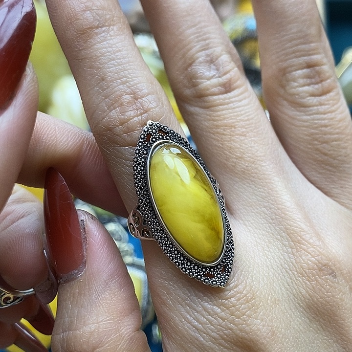 琥珀戒指银S925镶嵌戒指