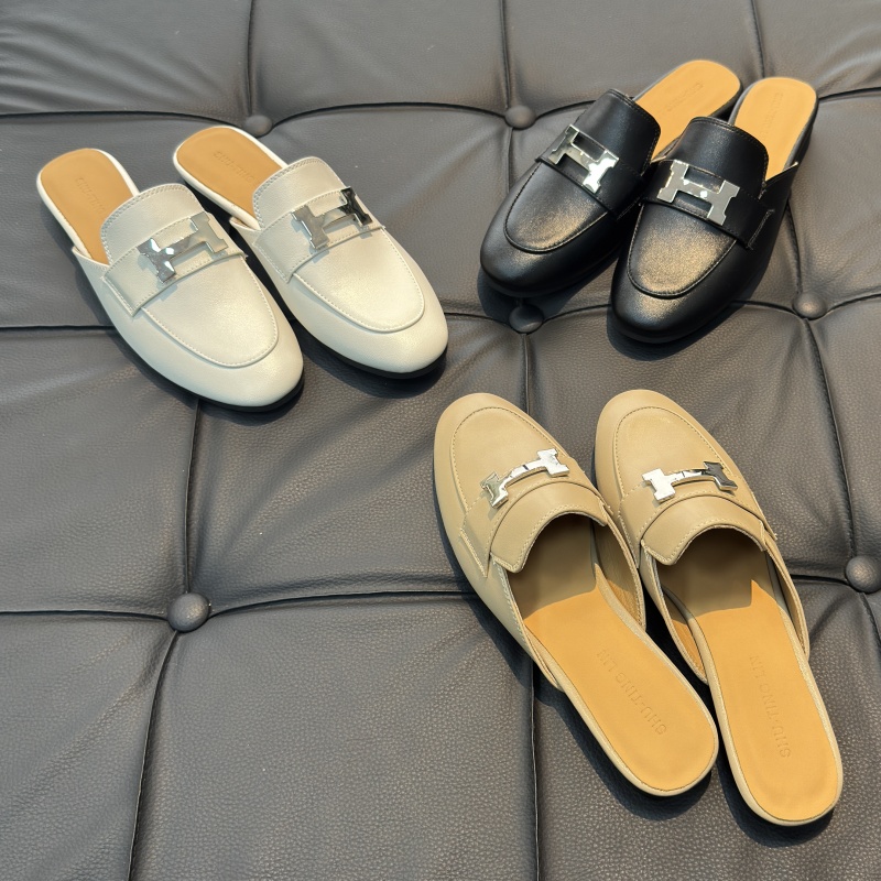 包头半拖鞋女夏外穿穆勒鞋2025新款金属扣平底鞋真皮网红懒人凉拖