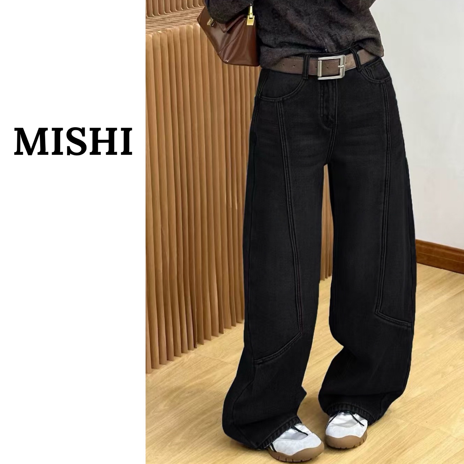 谜使.秋冬新款加绒加厚立体裁剪分割线弯刀裤时尚显瘦百搭牛仔裤