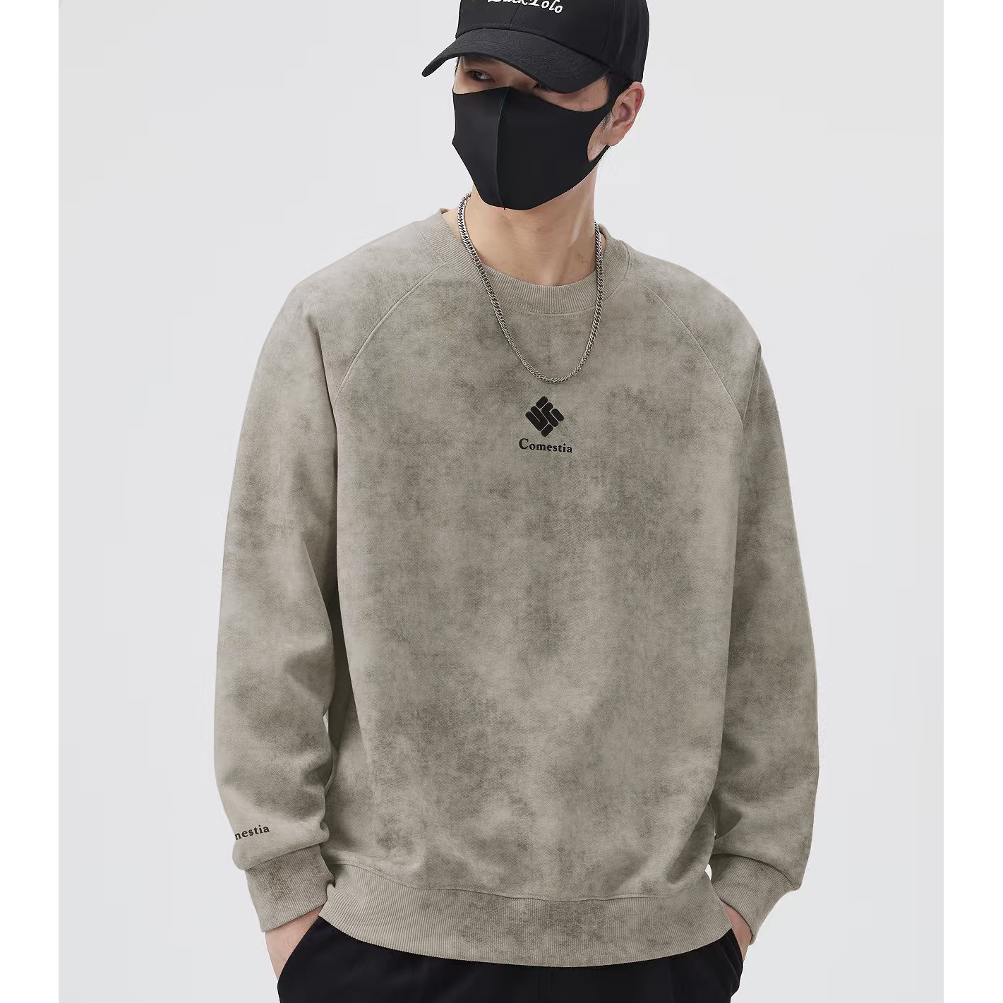 秋冬潮牌重工时尚插肩扎染印花宽松百搭时尚休闲圆领卫衣 77001