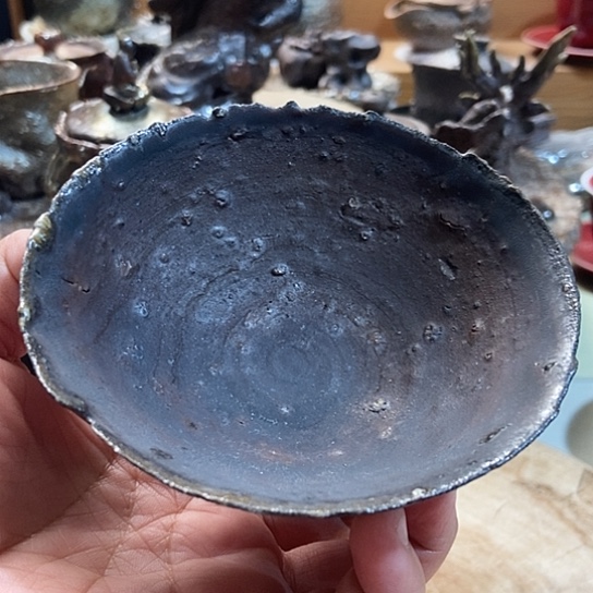 杯黑金泥斗笠杯 柴烧裸烧手作品