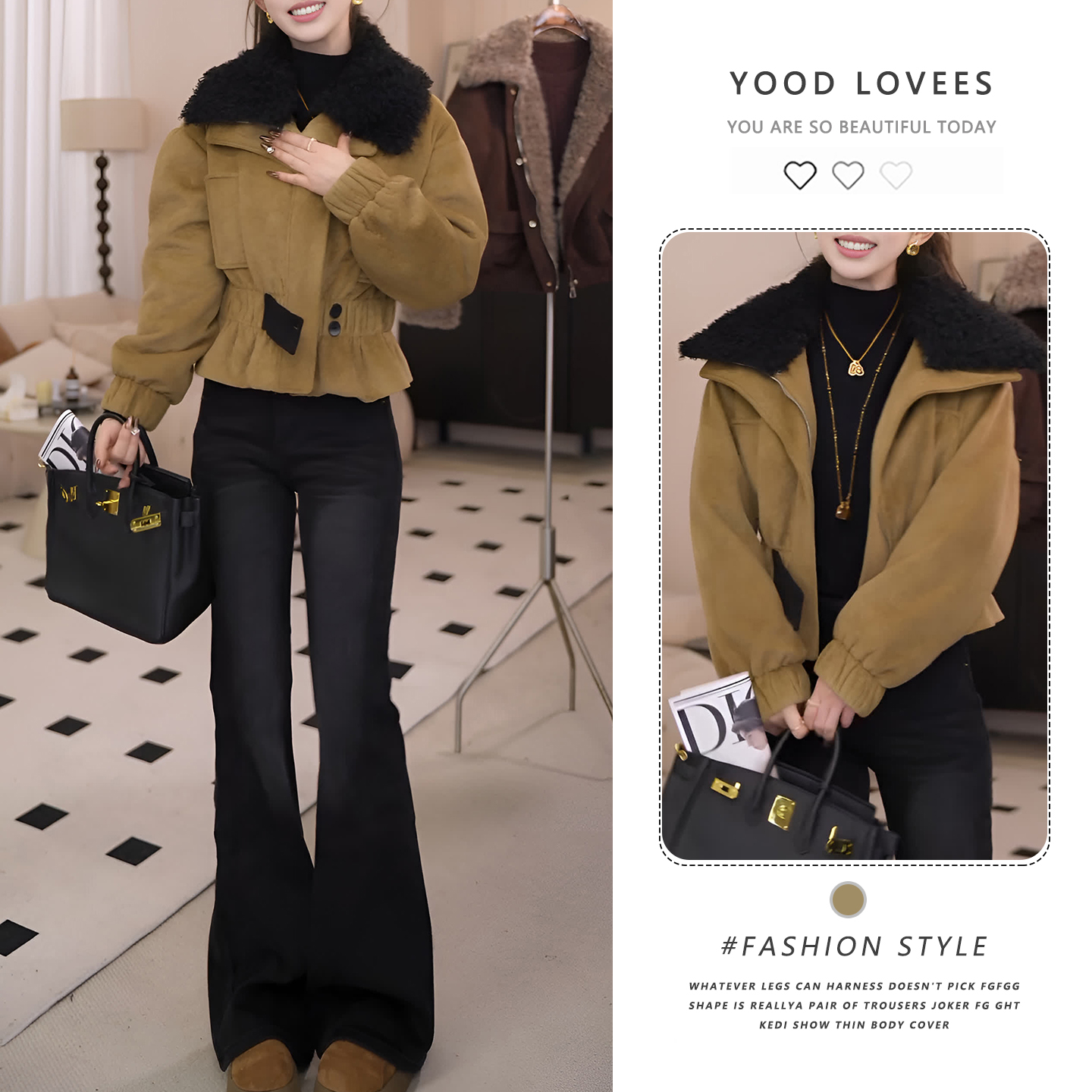 黄绿色气质收腰工装毛毛领短款外套女冬季2025新款加绒加厚夹克