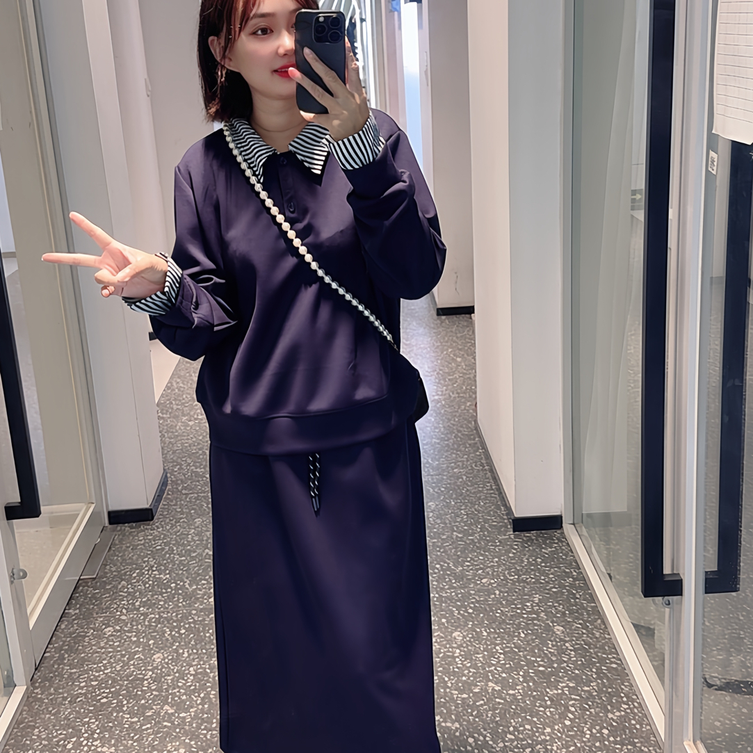 撞色翻领卫衣长半裙两件套时尚显瘦套装