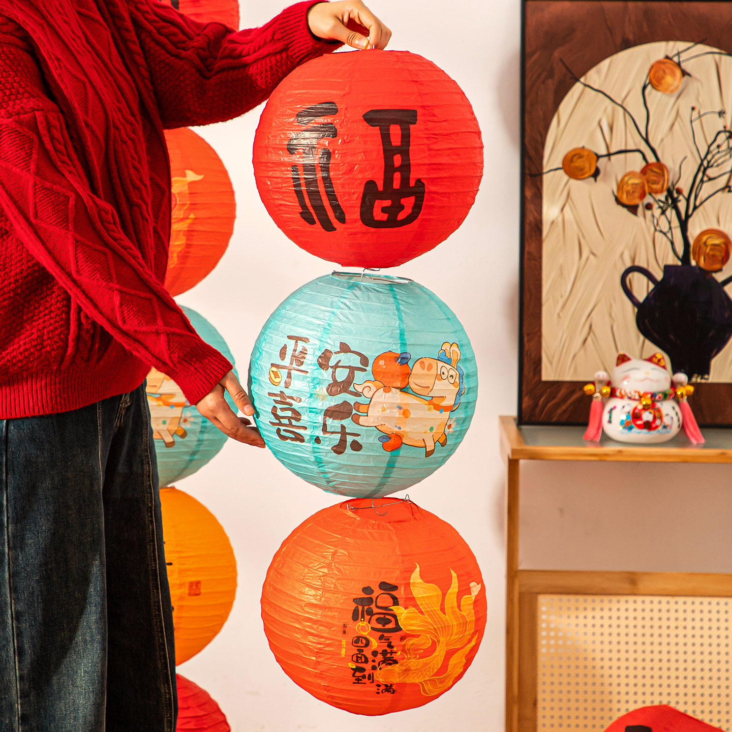 马年元旦过年灯笼串吊顶挂件福字大红春节新年场景氛围布置装饰品