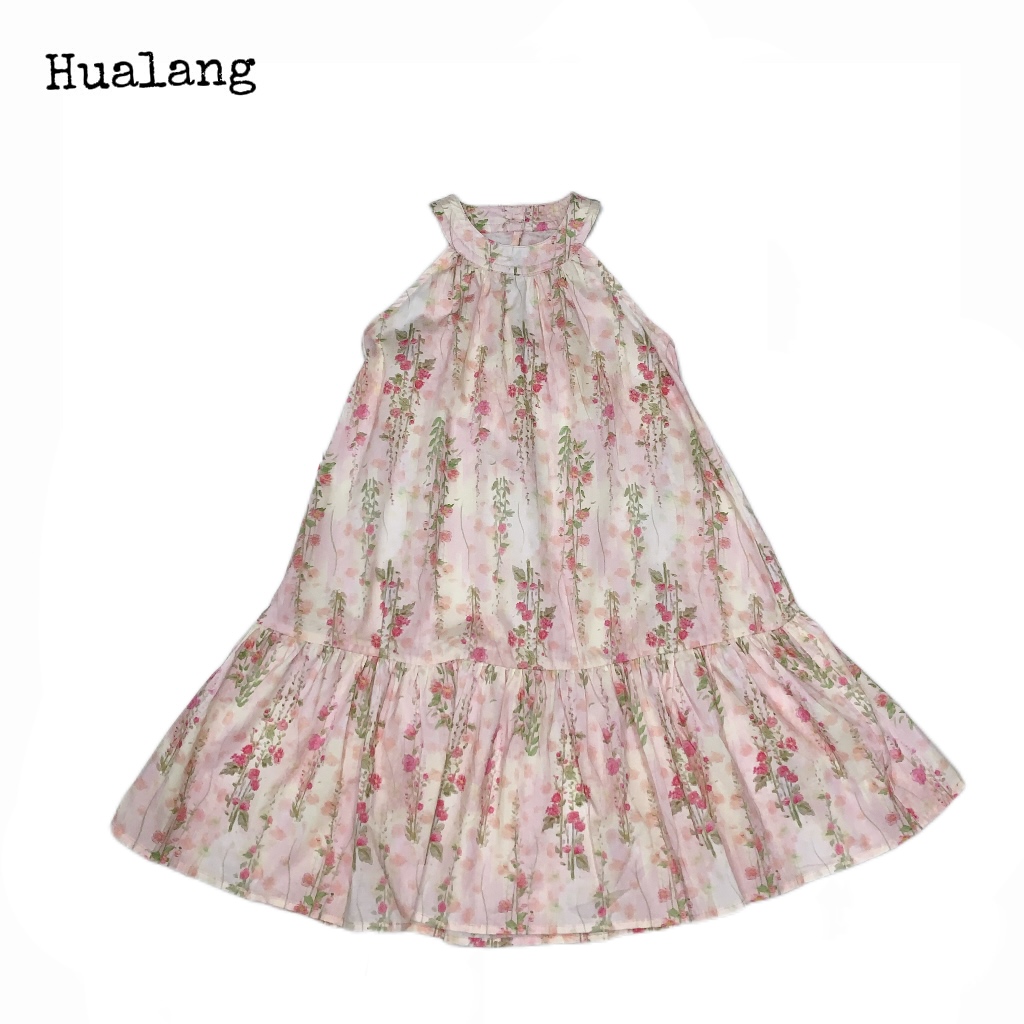 W024儿童法式气质公主裙夏装女童甜美粉花露背挂脖连衣裙