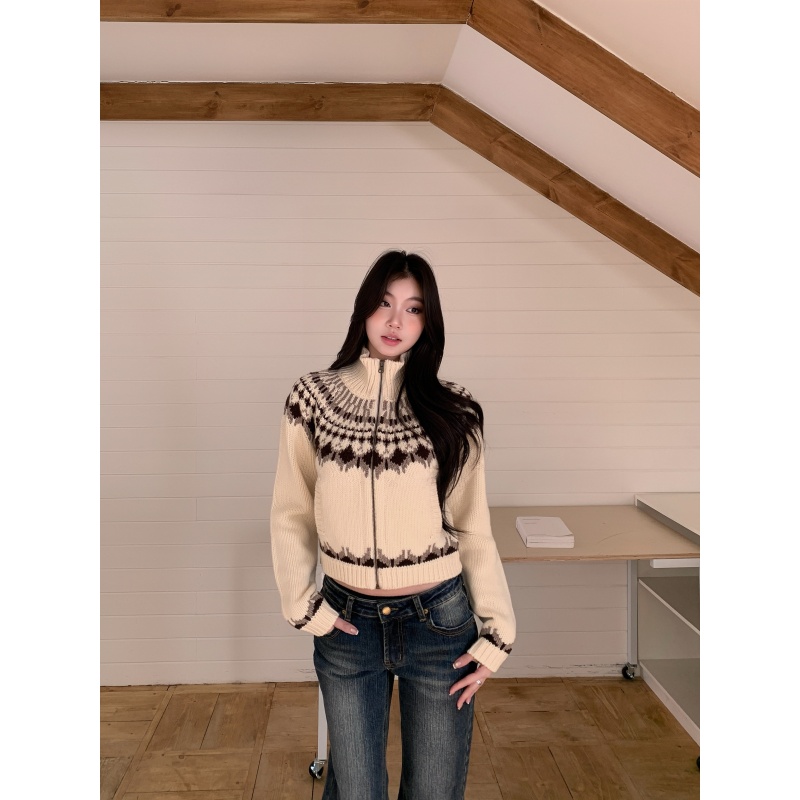 withmin凉皮 复古费尔岛提花拉链针织休闲百搭毛衣短外套J2600154