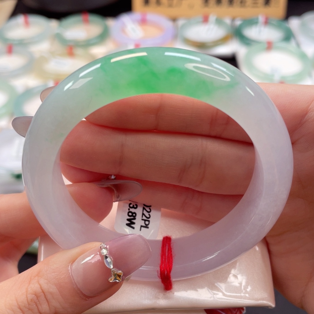 翡翠手镯未镶嵌56宽版冰润春彩白底青14号