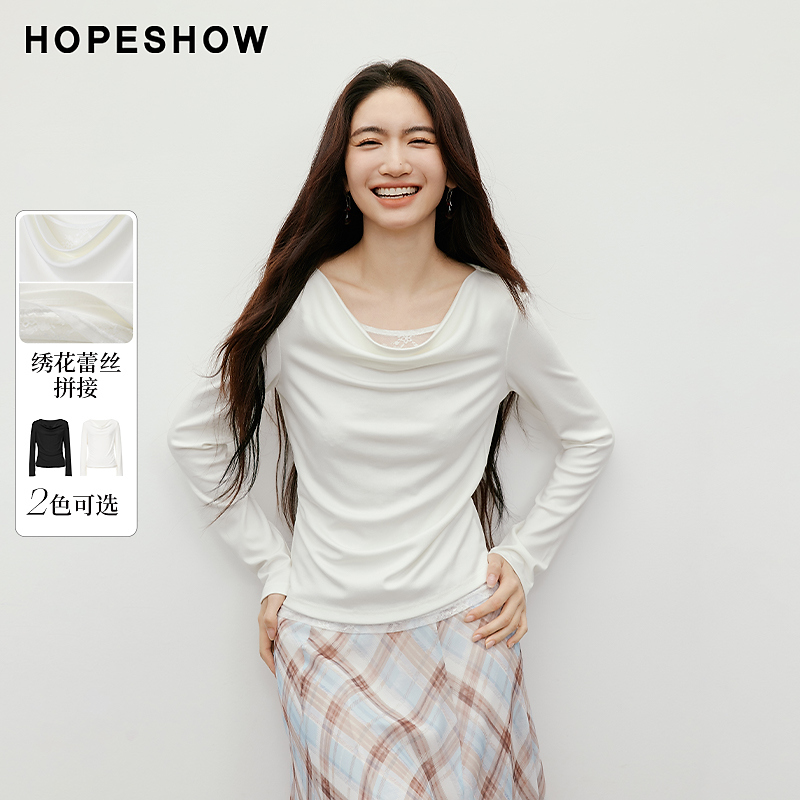 红袖2025秋季新款女装 荡领蕾丝拼接捏褶正肩长袖上衣90125280203