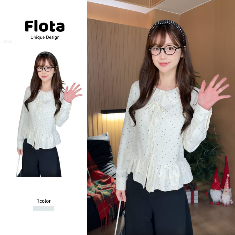 【flota】衬衫领蝴蝶结绑带圆点小清新纽扣2025新款下层T恤3205
