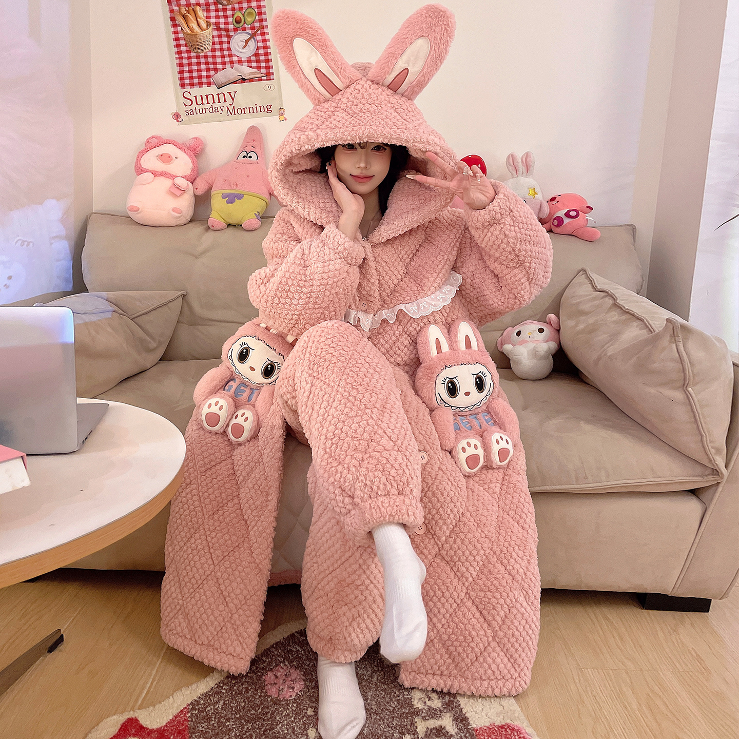 三层夹棉加厚加绒睡袍可外穿冬季睡衣女士卡通珊瑚绒家居服 9034