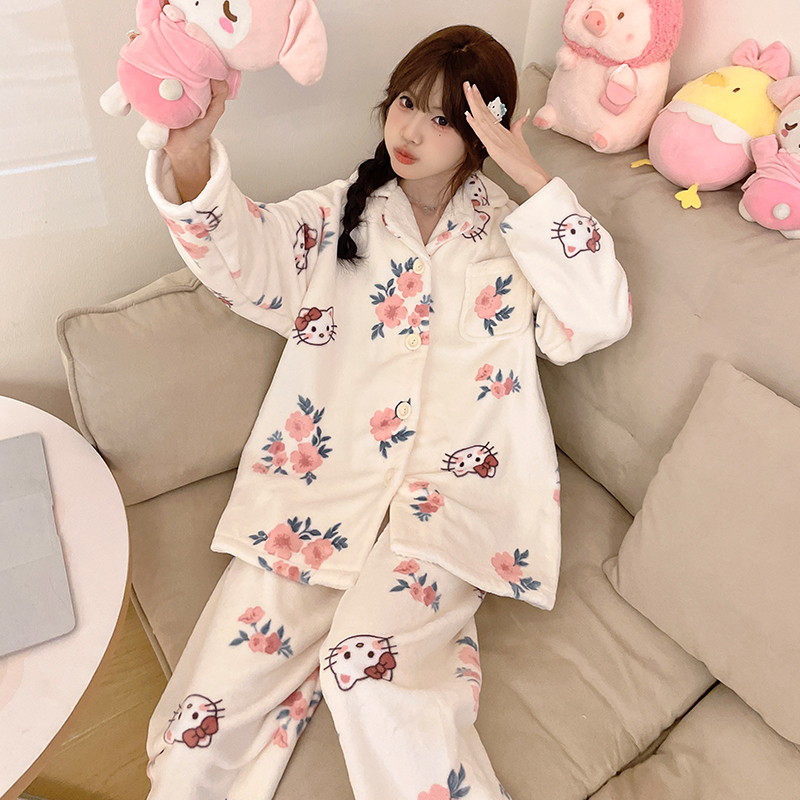 睡衣冬季加绒加厚女碎花Kitty猫两件套秋冬可外穿卡通家居服套装