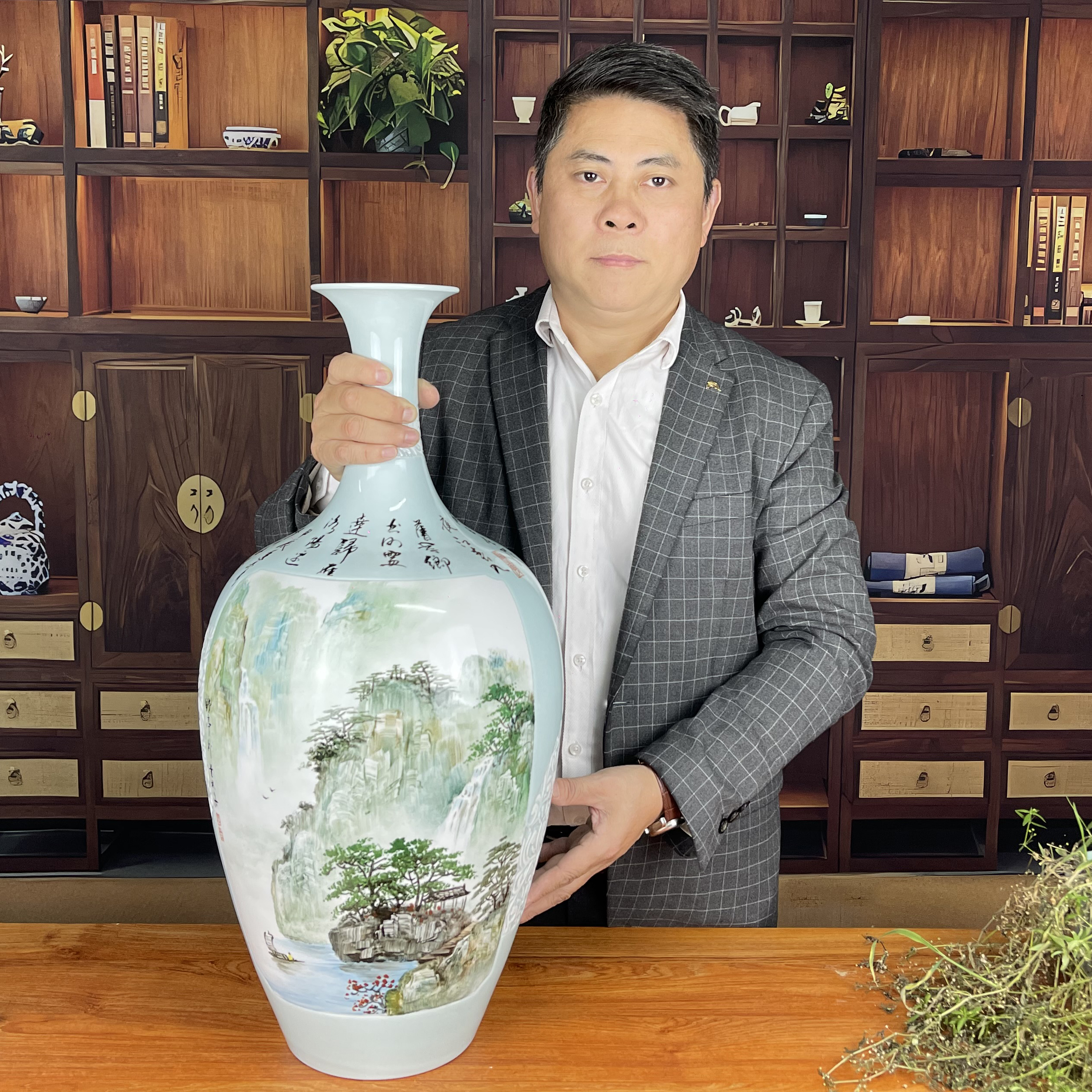 中式运水流转运台面花盆客厅家居装饰品