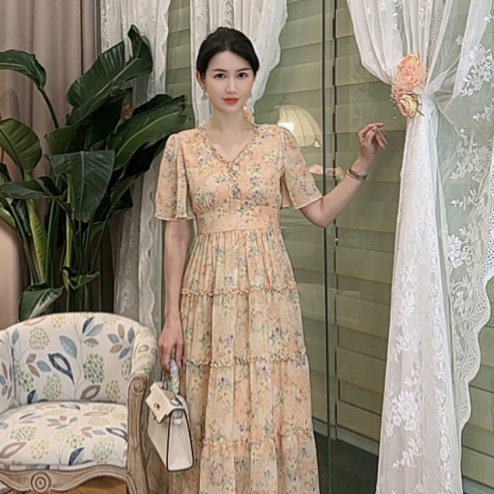 【午夜山茶】 AN115 安妮老板 法式碎花收腰气质甜美显白短袖连衣裙