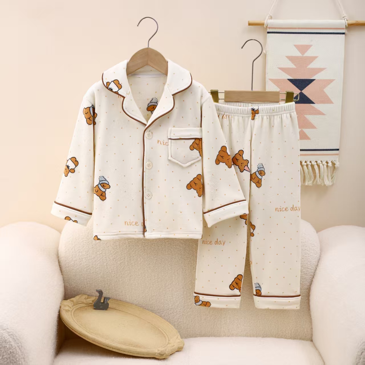 [海岛绒]男女童开衫翻领睡衣秋冬季儿童家居服女孩可爱薄绒套装