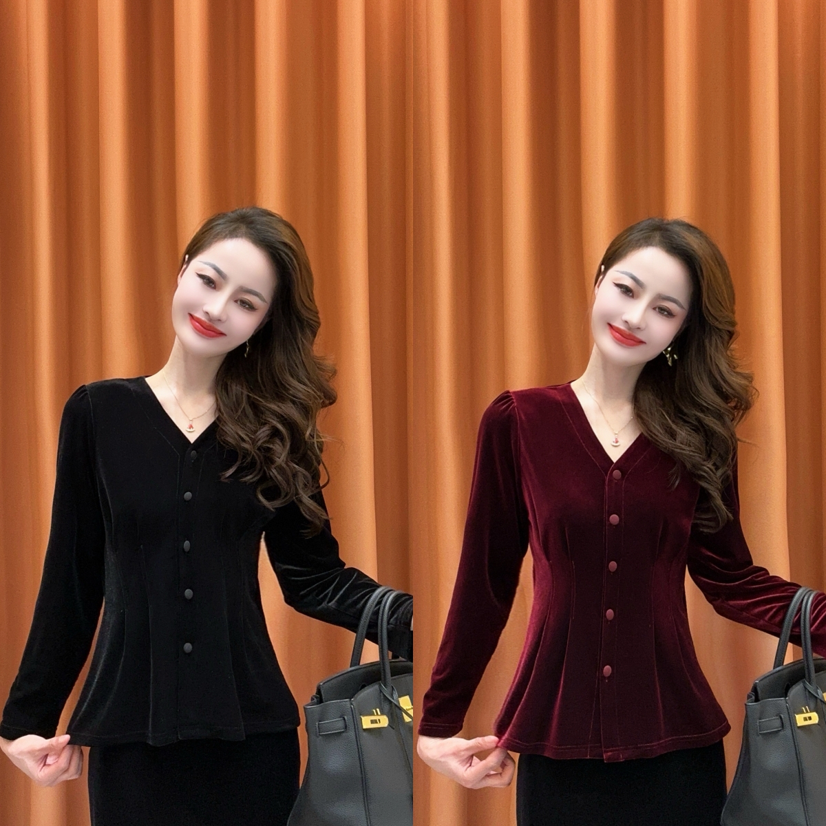 【宝藏单品】2025冬季新款时尚V领显瘦百搭减龄排扣开衫丝绒上衣