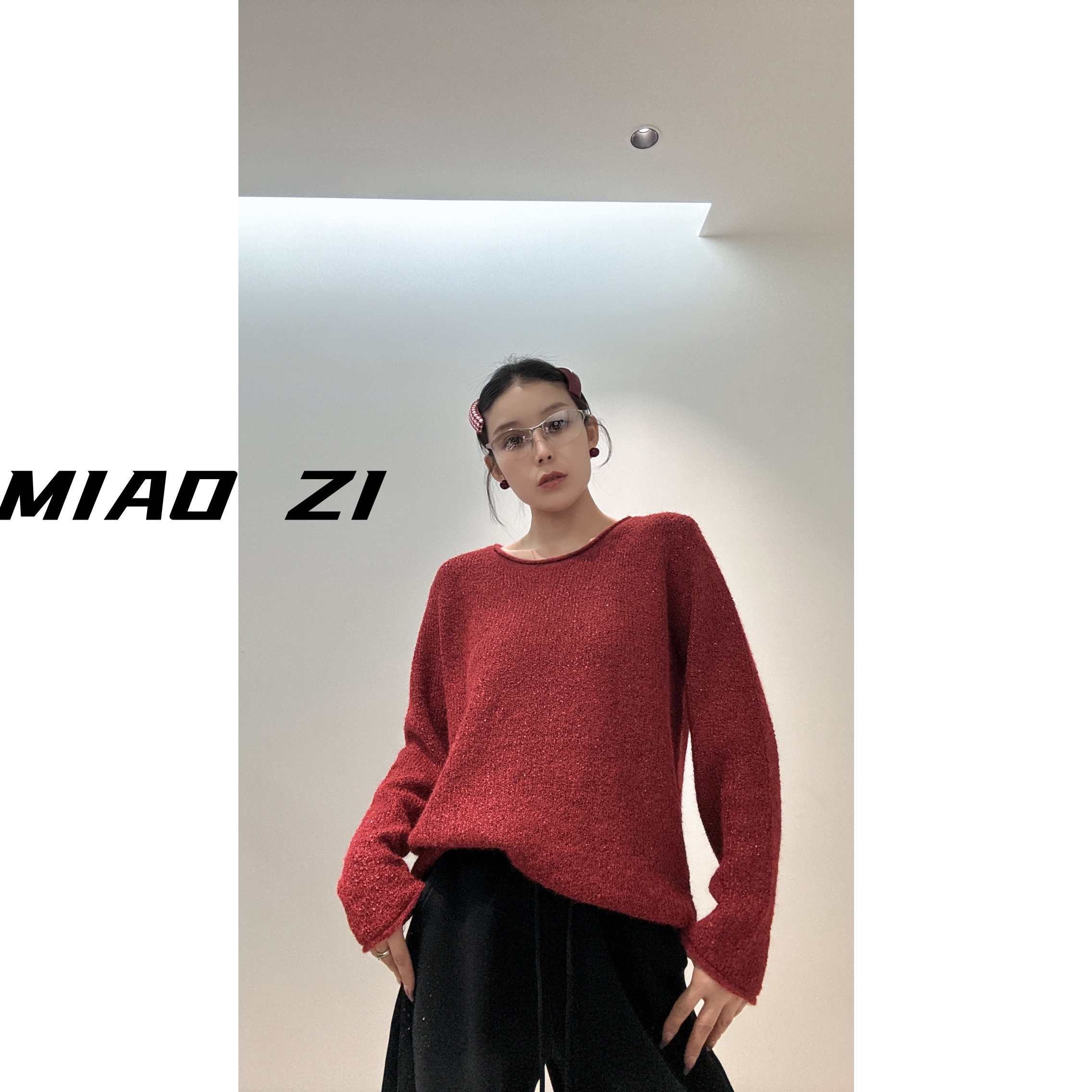 【MIAOZI】圆领亮片红色毛衣宽松百搭