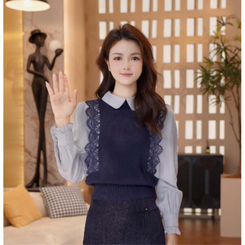 【梦梦】繁花似锦新款法式翻领立体钩花蕾丝减龄针织衫2511033