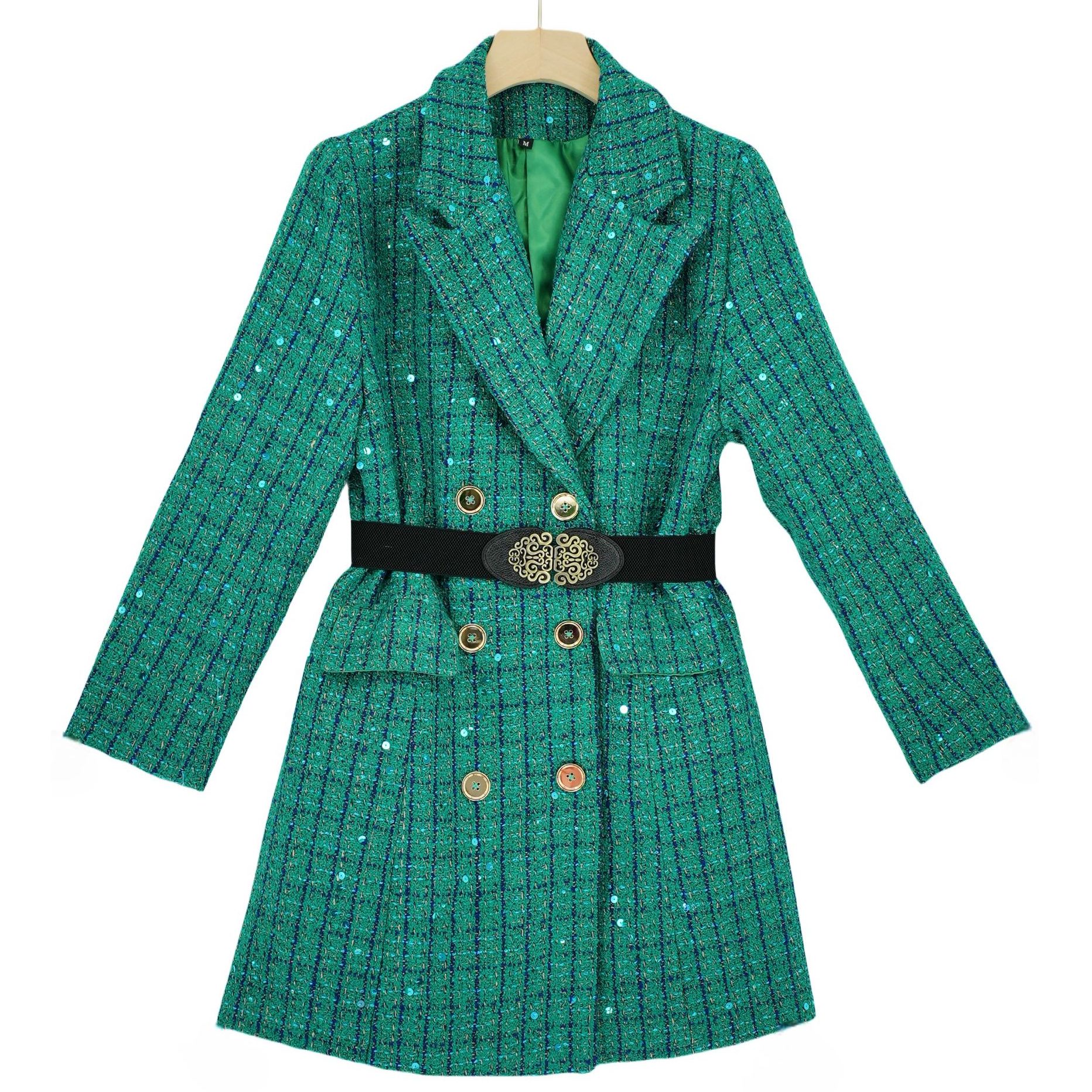 绿色毛呢风衣秋冬时尚收腰大衣小香风中长款优雅气质外套