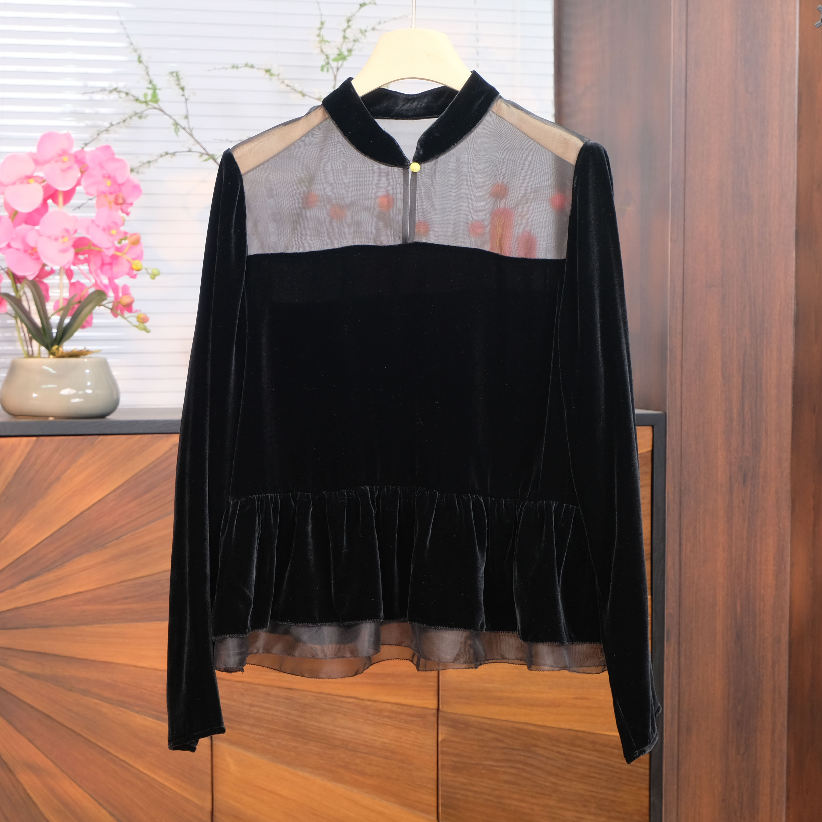 真丝丝绒桑蚕丝欧根纱拼接衬衫上衣简约大气显瘦洋气桑蚕丝衬衫