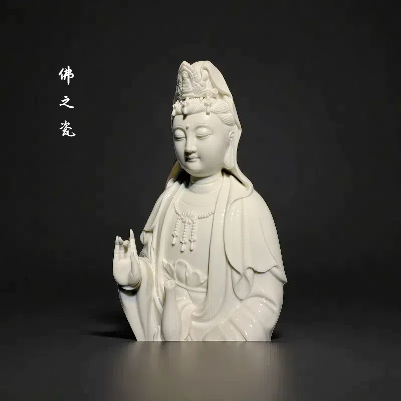德化白瓷非遗手工雕刻立莲观音菩萨摆件家用玄关茶室观音菩萨佛像