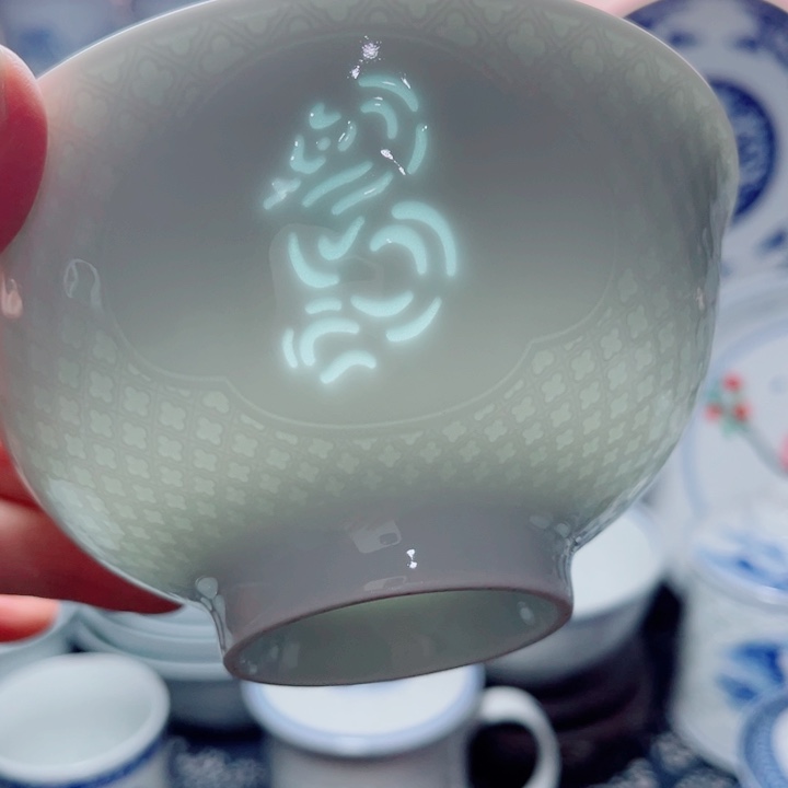 青花玲珑5寸饭碗生肖。蛇