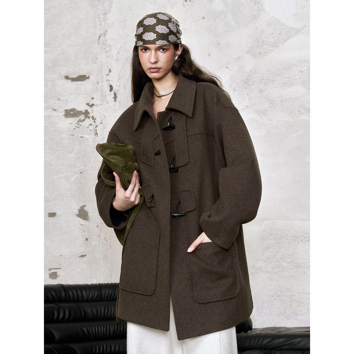 洛边 咖啡豆 原创复古风牛角扣毛呢外套女中长款美拉德老钱风大衣