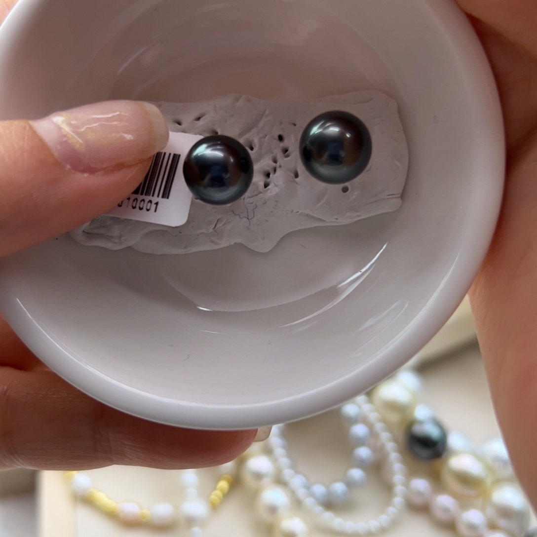 银S925镶嵌耳饰海水珍珠9.5mm正圆孔雀绿素钉大溪地