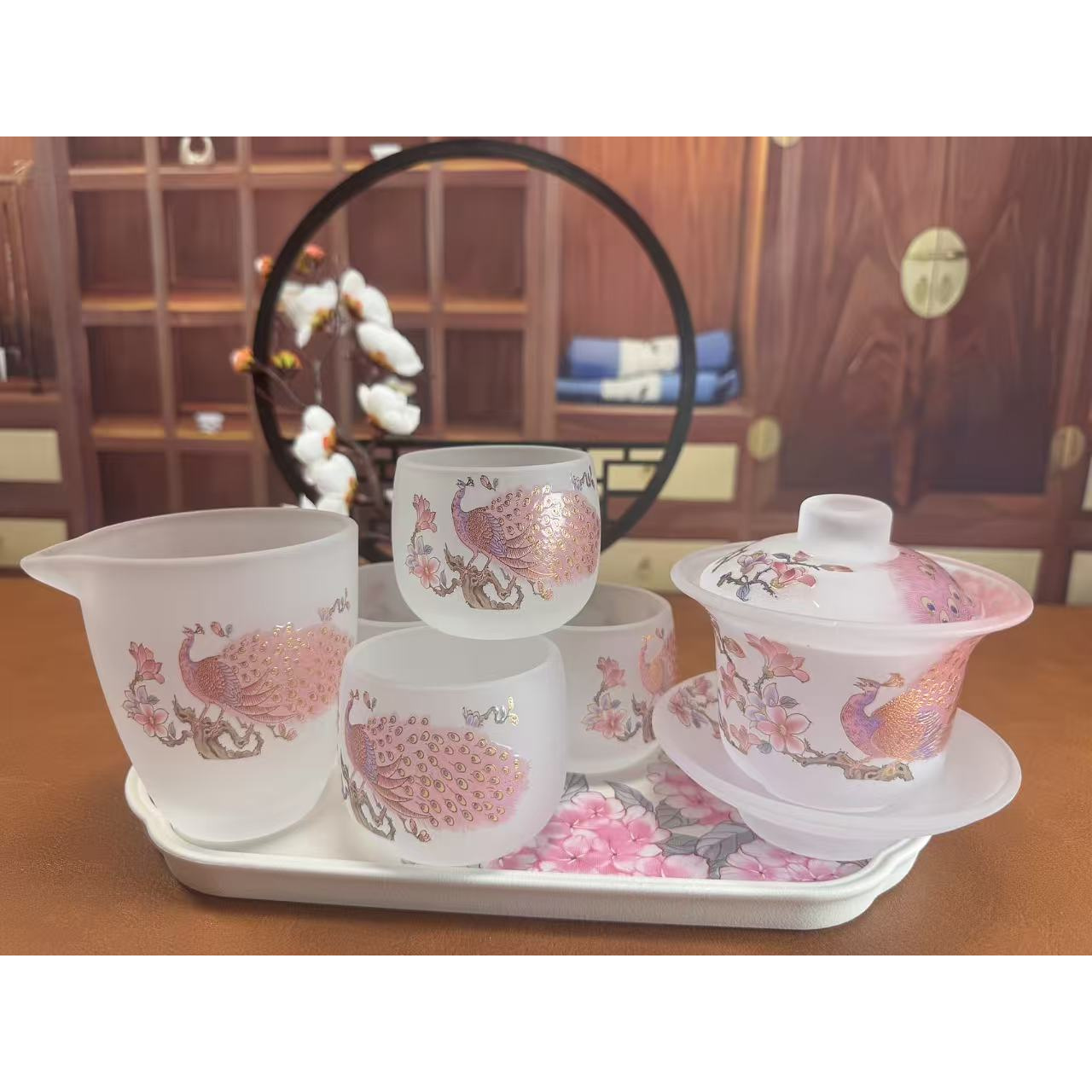 孔雀冰冻琉璃烧茶器套组一壶四杯带公道杯茶盘1136高档家用三才