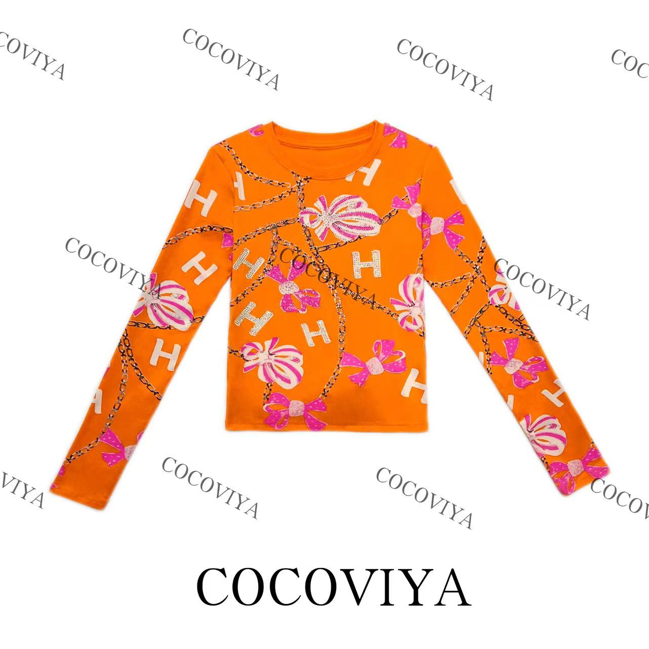 COCOVIYA(YY)轻奢蝴蝶结链条印花长袖上衣 小众设计感26C-03