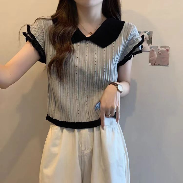 高腰镂空娃娃领针织短袖t恤女夏季薄款设计感小众短款上衣显瘦