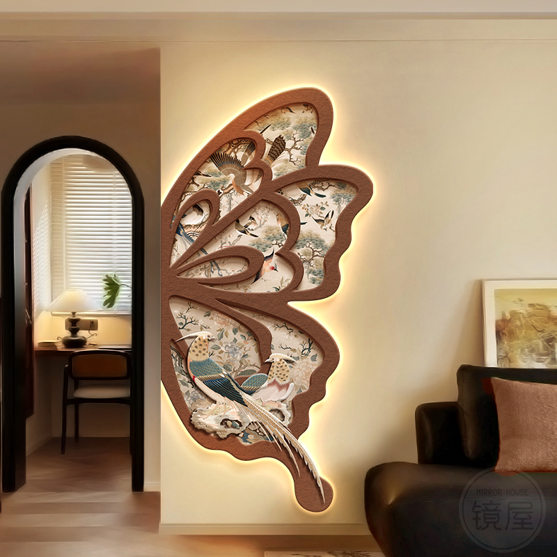 法式中古风玄关装饰画蝴蝶宋代美学壁灯客厅挂画复古入户走廊壁画