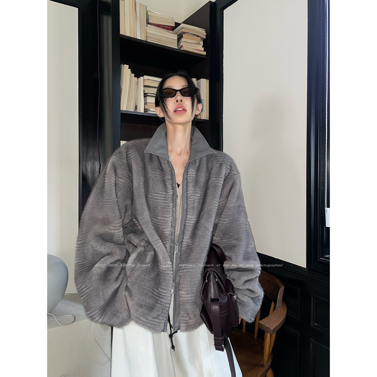 JCCC影子【暖灰】灰色短款立领拼皮保暖毛毛外套JE5BPW13