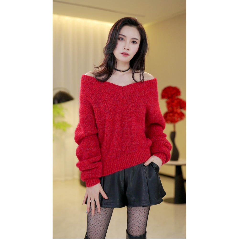 慵懒风女插肩袖V领针织衫宽松上衣长袖百搭A395