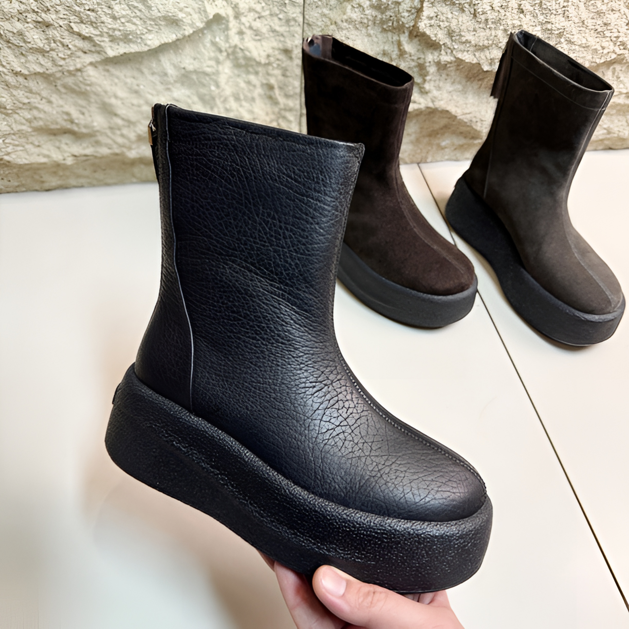 防滑拉链防水中跟短靴瘦瘦靴平底靴子时装