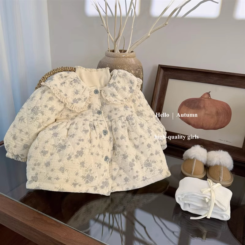 女童法式加绒小碎花棉衣女宝娃娃领甜美加厚夹棉裙子外套棉服套装