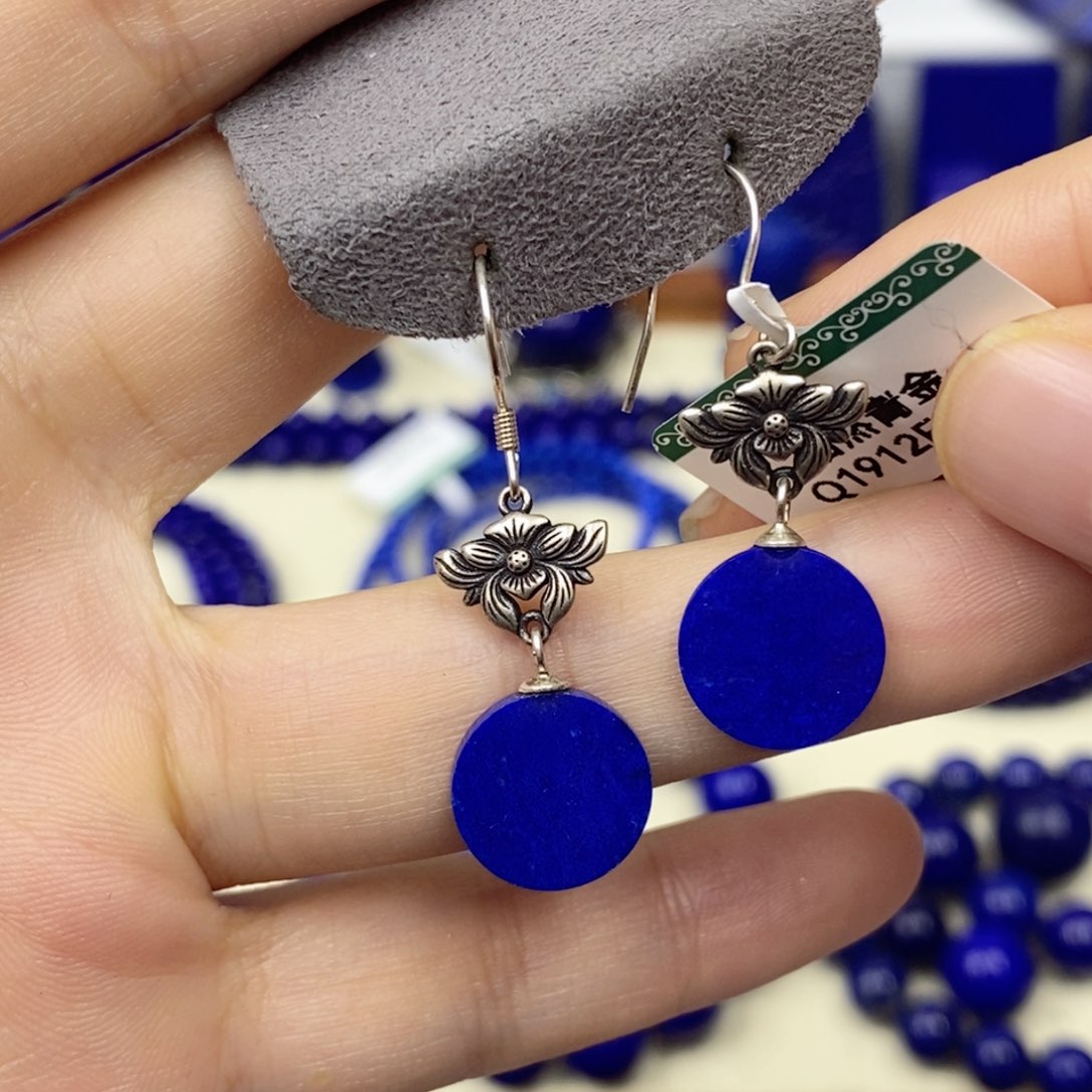 青金石耳饰银S925镶嵌