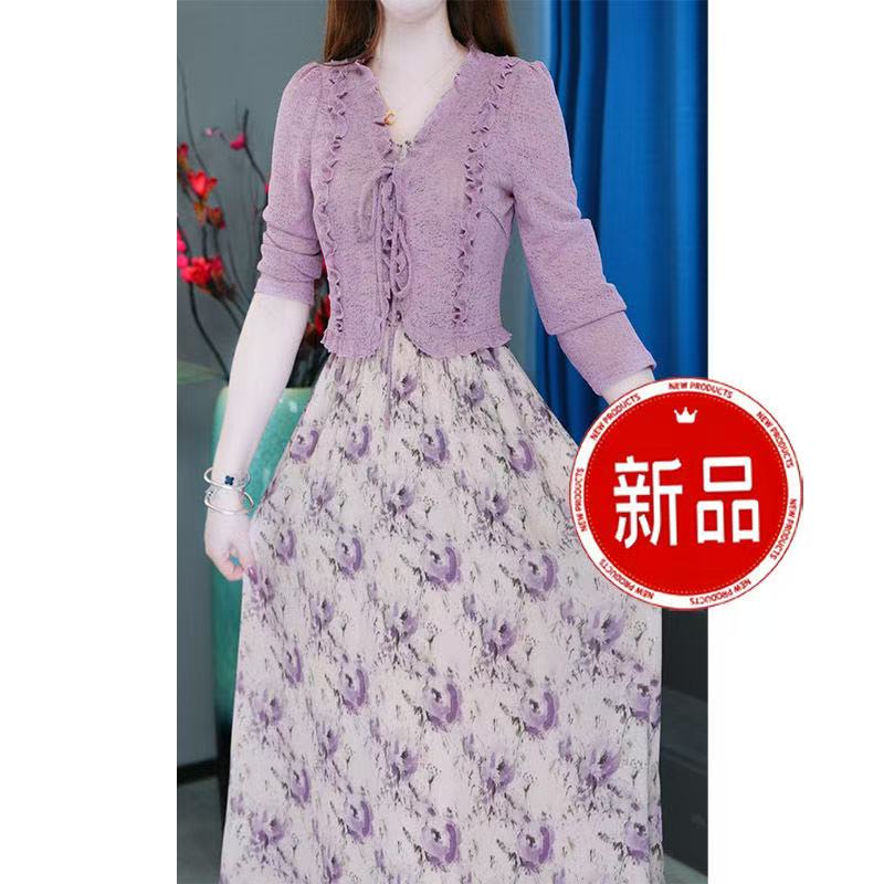 L5603高端洋气长袖两件套连衣裙女2025秋新款碎花背心裙礼服套装