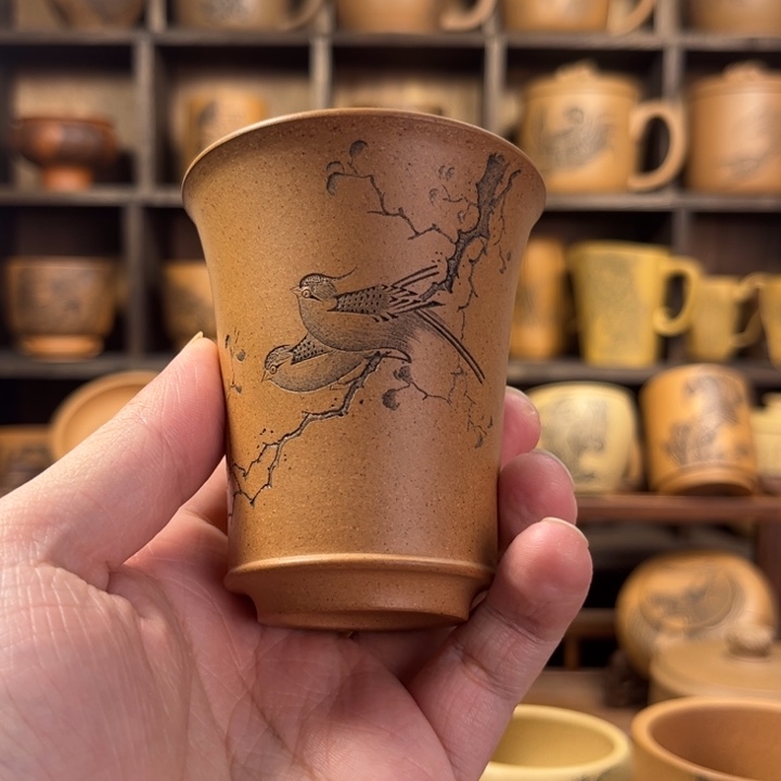 紫砂杯子云*无锦盒小鸟刻绘紫砂主人杯