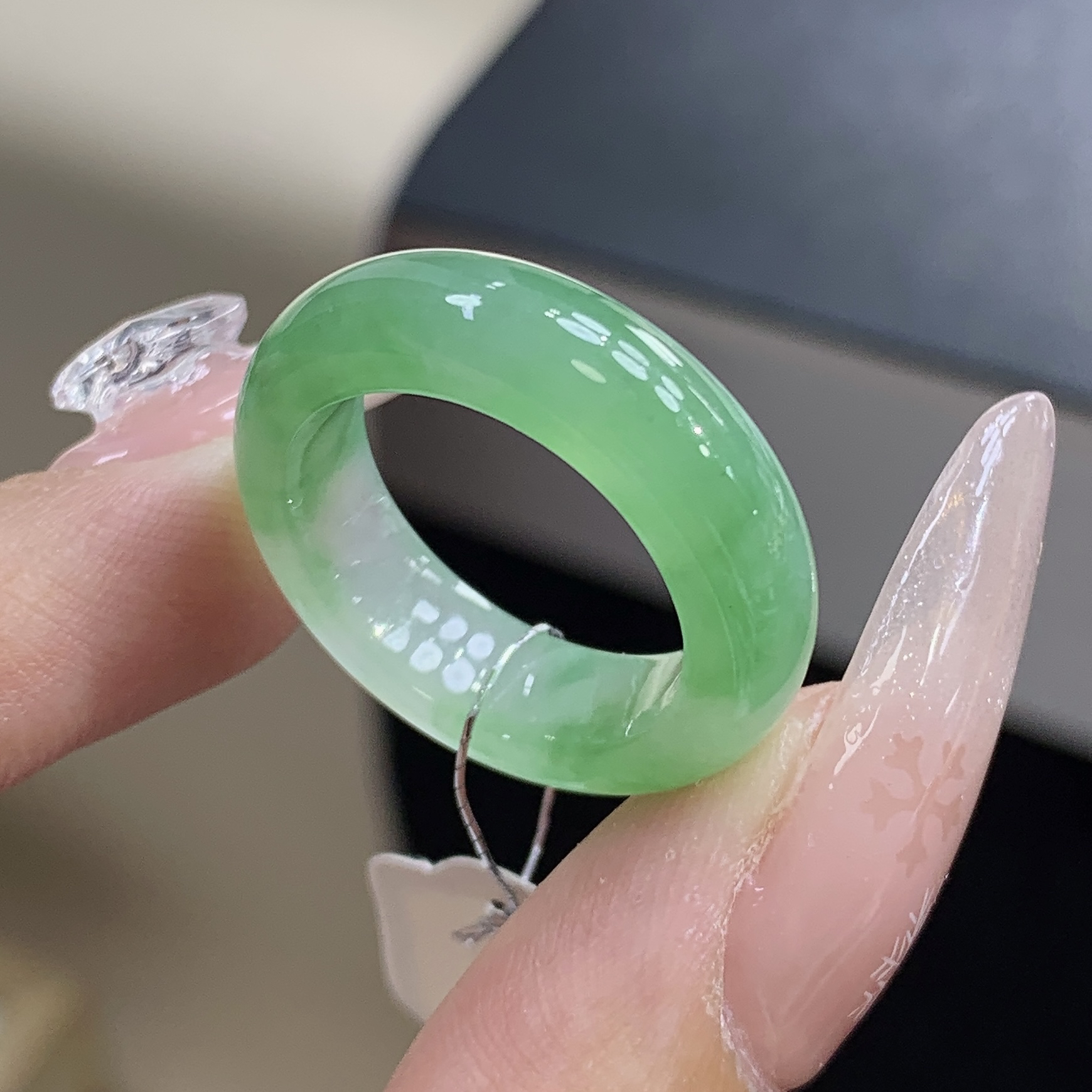 14-15圈 缅甸天然翡翠 冰芙蓉种果绿翡翠戒圈尺寸17.3-6.2-4.3mm