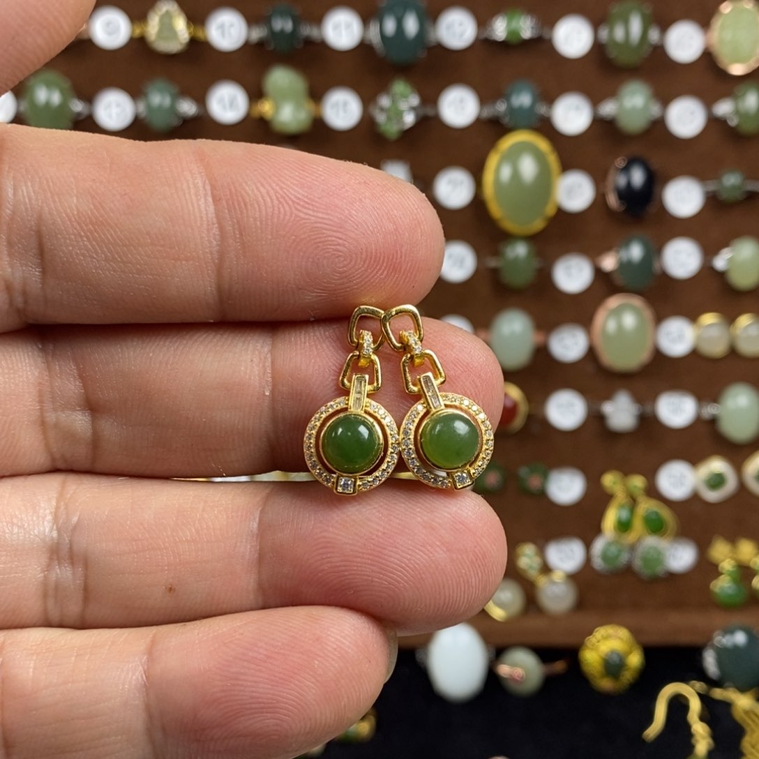 和田玉（碧玉）戒指银S925镀金镶嵌