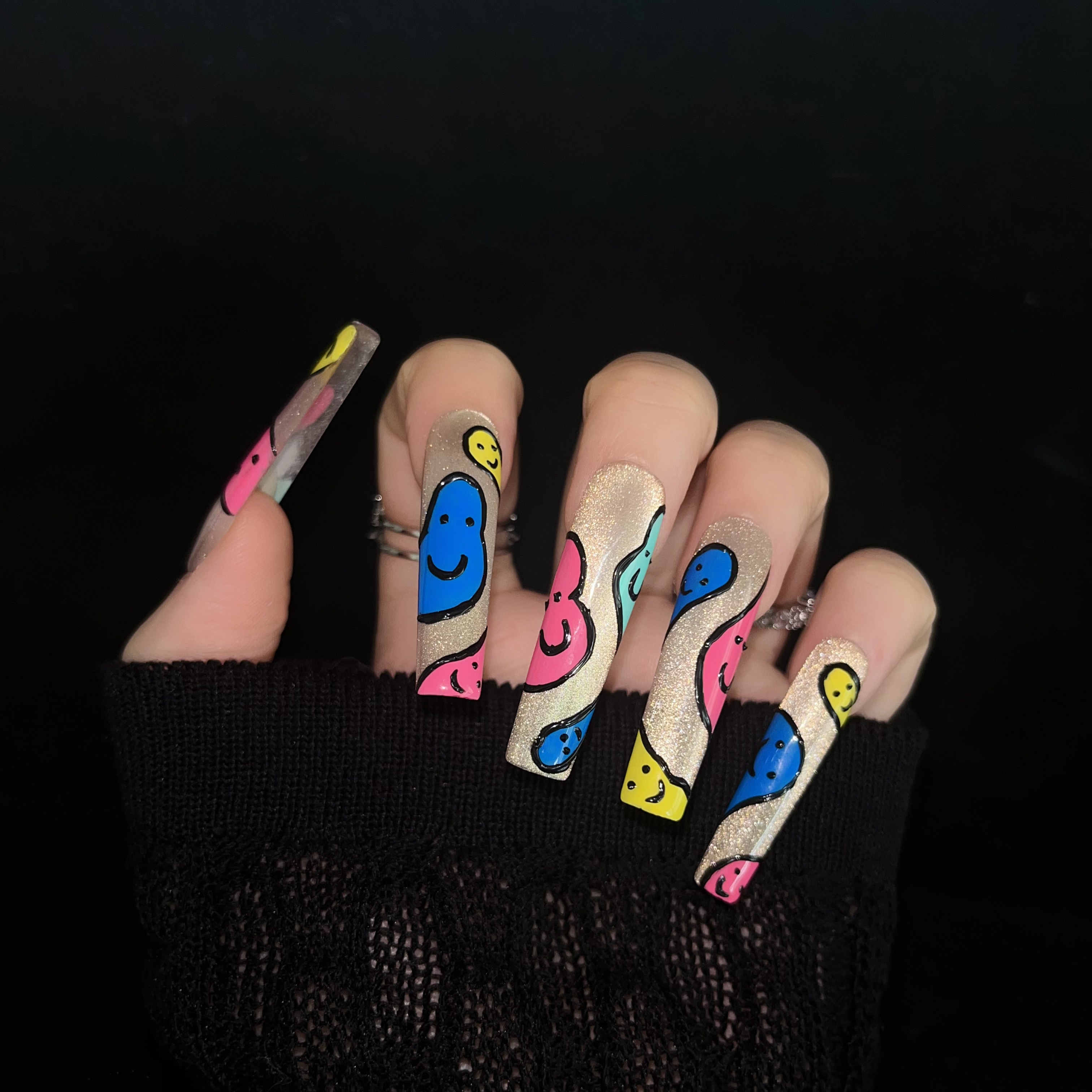 L02360欧美彩色涂鸦磨砂搞怪笑脸穿戴式长款个性美甲贴片