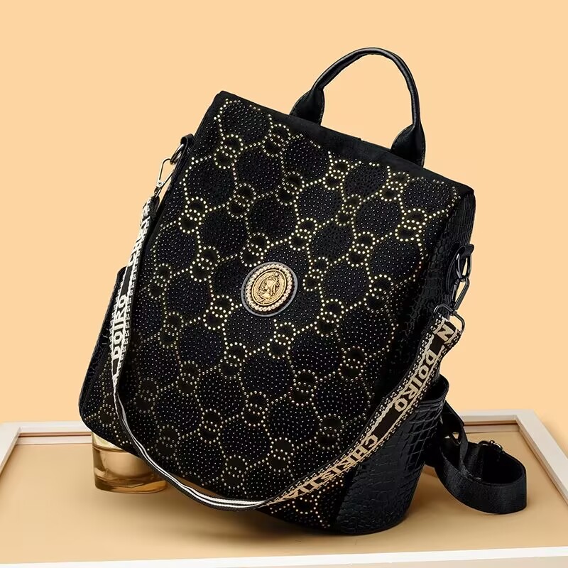 【T】百搭便携双肩背包女士时尚精致贴钻手提单肩包包616黑色