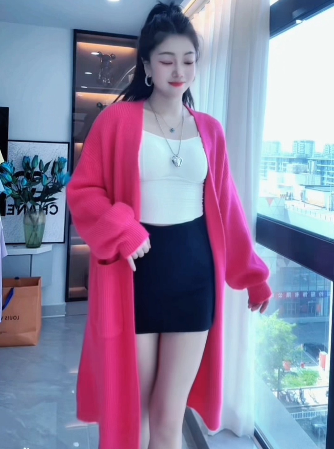 【千金小姐】秋冬纯色休闲百搭气质慵懒风长款灯笼袖针织开衫