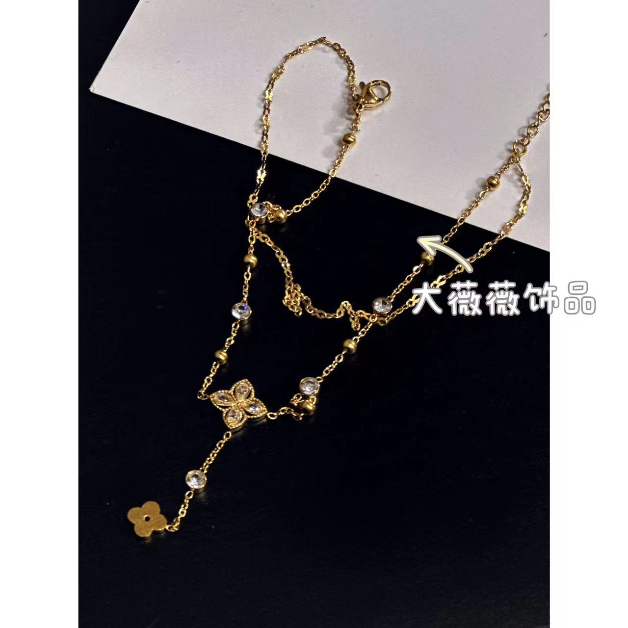 钛钢脚链 四叶花双层流苏脚链-4765