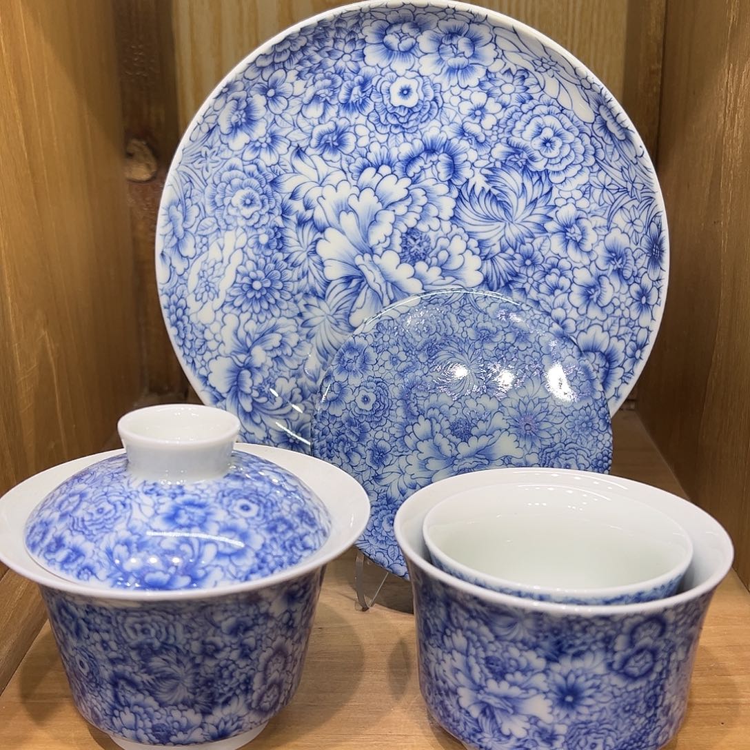 学***师青花万花5件套茶具