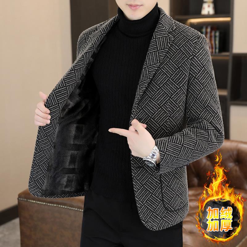 高级感加绒加厚呢子西装冬季潮牌痞帅男士商务休闲毛呢西服外套男