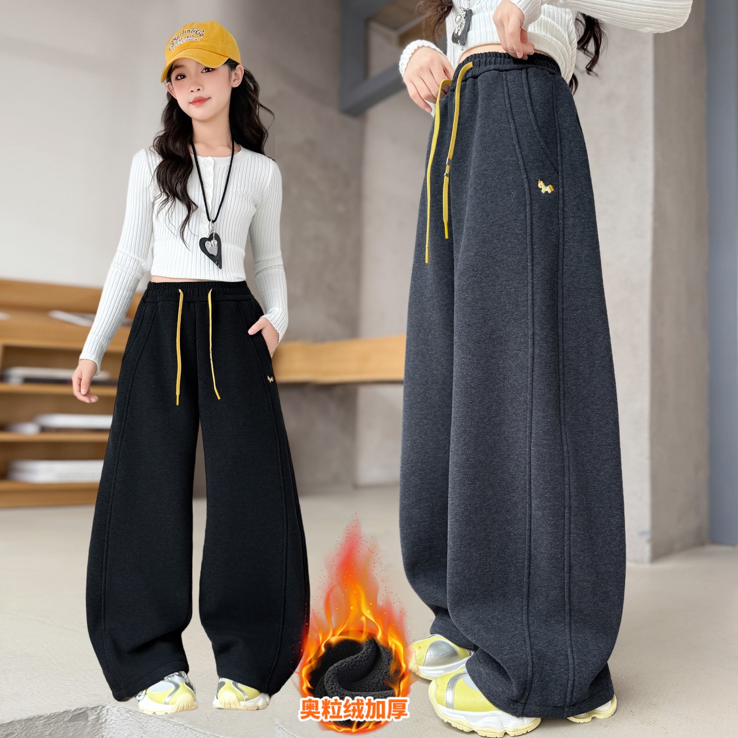 女童冬款裤子加绒加厚休闲运动裤中大童冬季宽松卫裤洋气弯刀裤