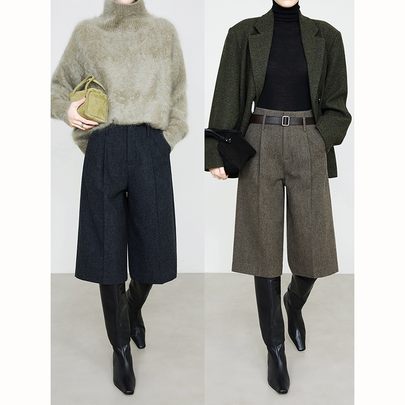 高级感简约时髦松弛意式法兰绒羊毛六分裤厚款毛呢裤配靴子中裤